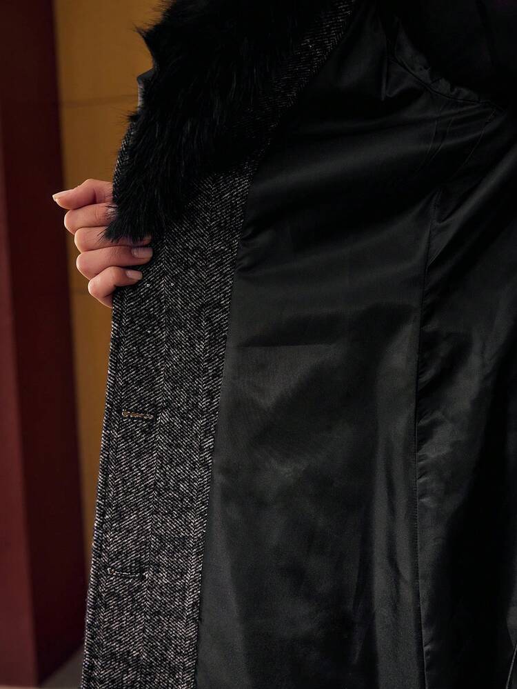 WOOL CONTRAST FUZZY TRIM BELTED OVERCOAT, AUTUMN/WINTER