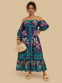 Levarali Plus Size Women's Vintage Boho Casual Bohemian Style Tropical Plant Print Long Dress Beach Vacation Party Navy Blue Summer - Multicolor - View 6