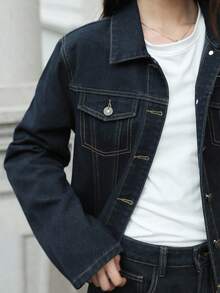 K-Vae Women's Autumn And Winter Dark Denim Jacket And Trousers Two Pieces Set, Old Money Style Denim Suit, Korean Style,Alloween Costumes,Chic Autumn - Dark Wash - View 3