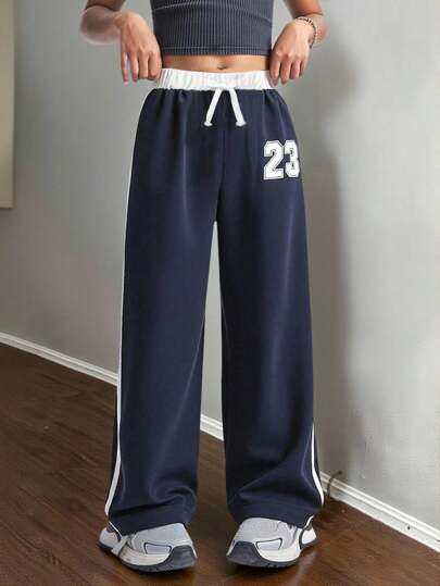 SHEIN Personalized Color Block Print Sports Casual Pants For Tween Girls Vibrant Colors Collision, Digit Graphic Decor, Loose Fit For Sports And Casual Wear, Perfect For Summer