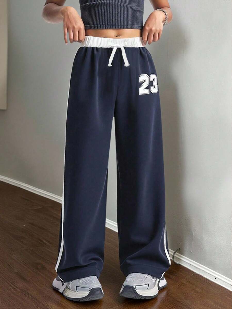 SHEIN Sparklyn Personalized Color Block Print Sports Casual Pants For Tween Girls Vibrant Colors Collision, Digit Graphic Decor, Loose Fit For Sports And Casual Wear, Perfect For Summer