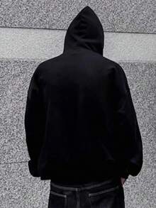 Manfinity EMRG 男士时尚印花不对称连帽衫，秋季 - 黑色 - 查看 2