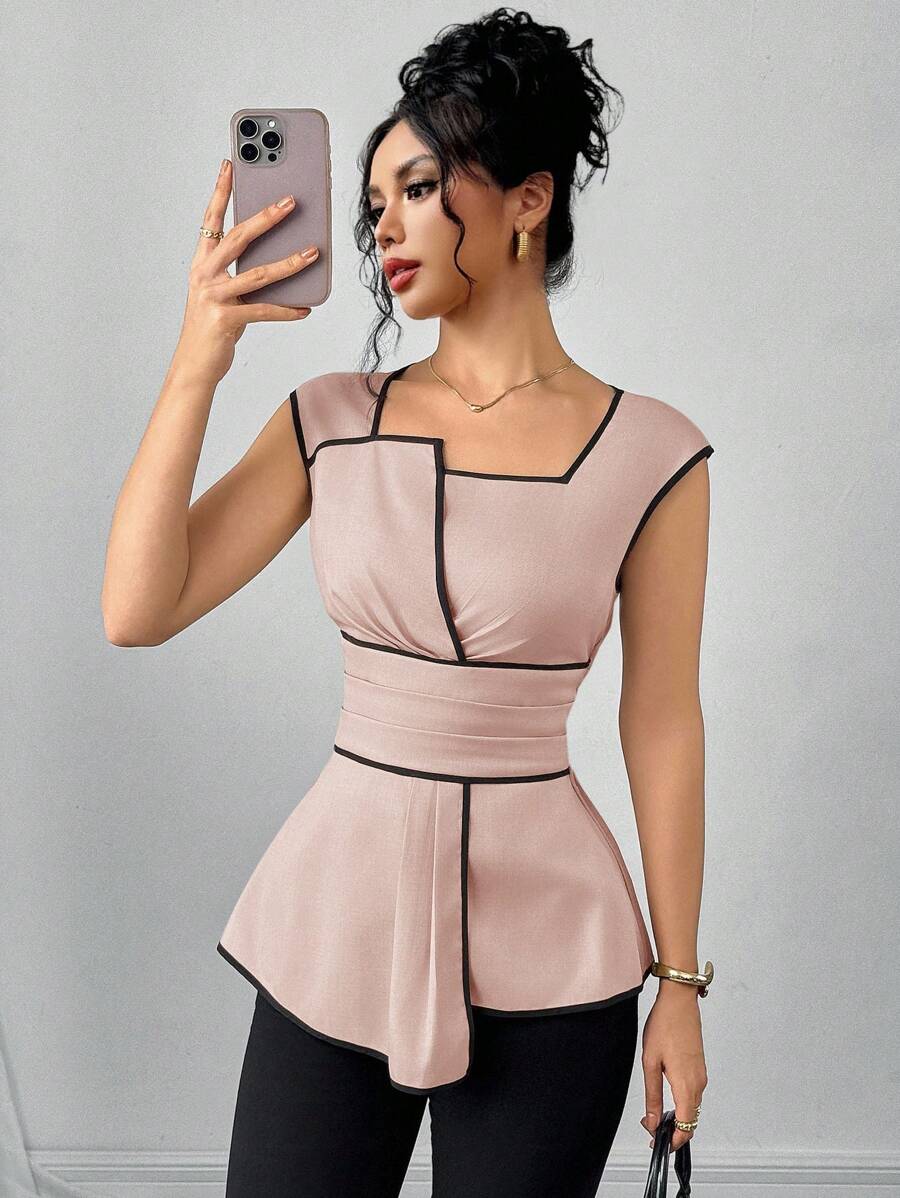 SHEIN Clasi Áo cánh thời trang thiết kế nhún bèo viền bất đối xứng dành cho nữ - Hồng - Xem 1