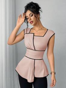 SHEIN Clasi Áo cánh thời trang thiết kế nhún bèo viền bất đối xứng dành cho nữ - Hồng - Xem 5