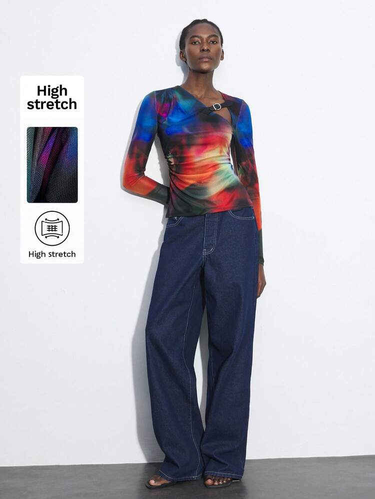 SHEIN Maija Women's Fashion Versatile Tie-Dye Pattern Mesh Printed Top, Spring