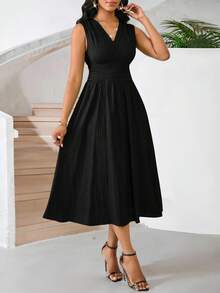 SHEIN Lady Váy ngày lễ dài vừa phải không tay mùa hè dành cho nữ vải dệt họa tiết màu xanh lá cây - màu đen - Xem 4