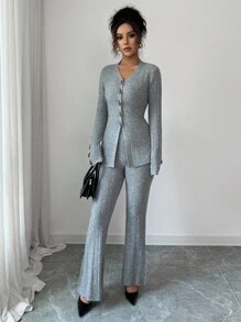 Elenzga Damen Set aus einfarbiger Strickjacke mit Horn-Knöpfen und weitem Strickflare Hose, 2 Stücke