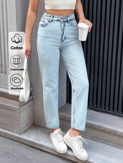 EURMUSE Blugi casual cu talie înaltă și tiv îndoit, croială Mom