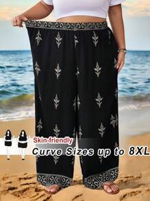 SHEIN CURVE+ Plus Size Women's Geometric Print Loose Linen Casual Pants, Breathable Summer - Black - View 10