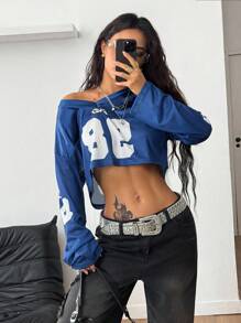Coolane Women's Fall All-Season Going Out Cool Y2K Blokecore Vintage Sport Soccer Jersey Letter Print Cropped Versatile Long Sleeve Blue Jersey T-Shirt - Blue - View 3