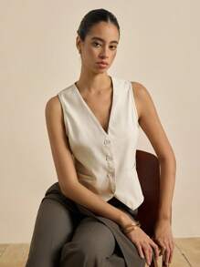 Airaco Women's Plain Sleeveless V-Neck Vest, Minimalist & Fashionable, Suitable For Summer - Apricot - View 5