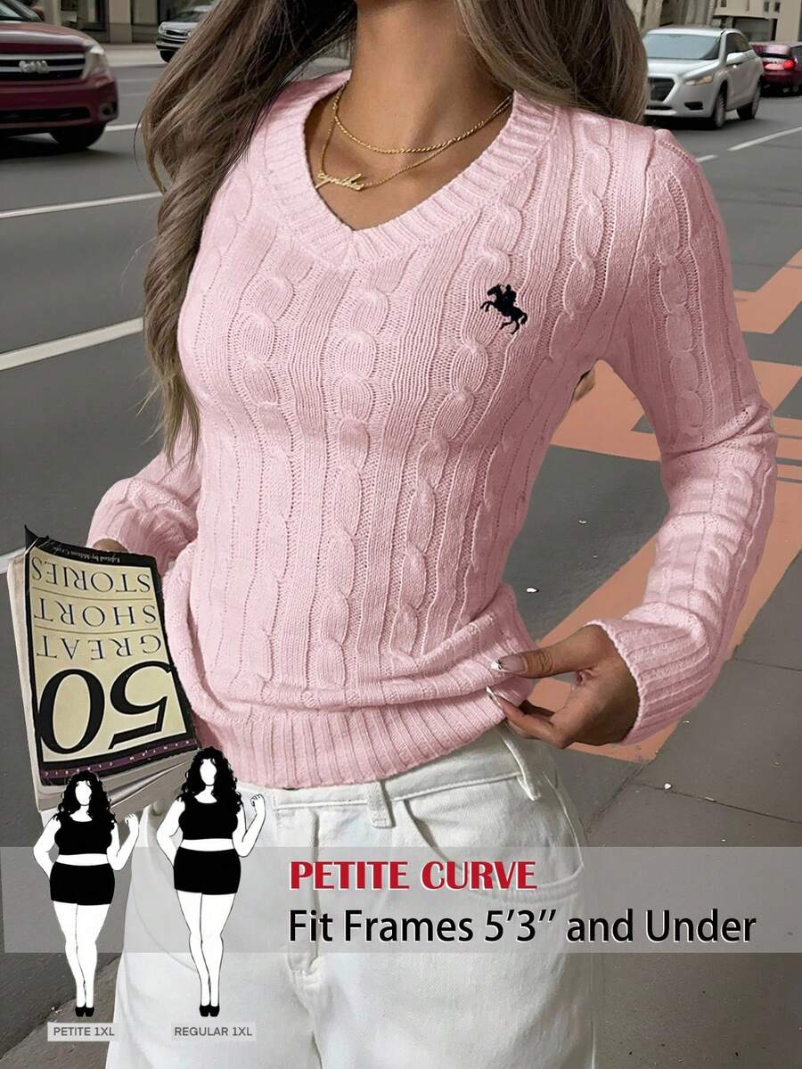 SHEIN PETITE CURVE 大码女式纯色 V 领针织毛衣，休闲时尚，适合日常穿着，长袖上衣，小码毛衣，女式服装，小码套头衫，女式套头衫，秋冬粗针织毛衣 - 粉色 - 查看 1