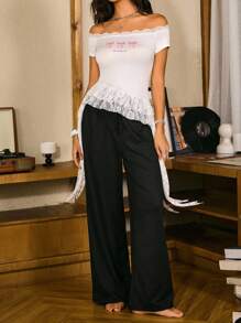 Miss Vinta Women's Casual-Young Off Shoulder Knitted Crop Lounge Top With Contrast Lace Trim And Cute Bow Print, Short Sleeve Design For Relaxing. - Multicolor - View 1