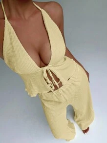 FavEase Textured Fabric Draped Neck Loose Wide Leg Pants Set - Yellow - View 4