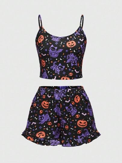 Gothic Halloween Skelett Katze Kürbis Stern Mond Knochen Dekor Trägerhemd & Shorts Pyjama Set