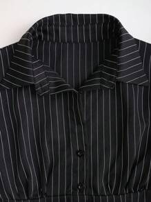 Sweetra Fashionable Contrast Color Textured Button Fitted Waist Flattering Striped Collar Long Sleeve Blouse For Women Fall Cloth For Women - Black - View 4