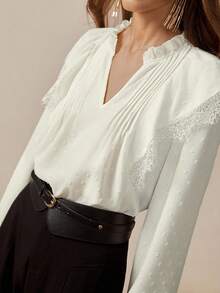 Florisole Ivory Jacquard Textured Floral Embroidery Short Sleeve Women Blouse - White - View 1