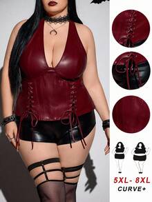 SHEIN CURVE+ 大码女式勃艮第酒红色简约 PU 皮革吊带装饰系带背心，Y2K 休闲勃艮第酒红色 V 领上衣，万圣节/秋冬假日 - 酒紅色 - 查看 3