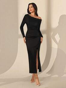Chiquease Women's Elegant Lace Patchwork Oblique Shoulder Slim Fit Long Dress, Black Fall Cloth For Women - Black - View 1