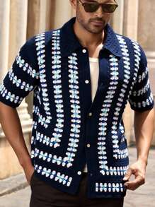 Manfinity VCAY Men's Casual Loose Drop Shoulder Short Sleeve Cardigan, For Fall Winter - Multicolor - View 1