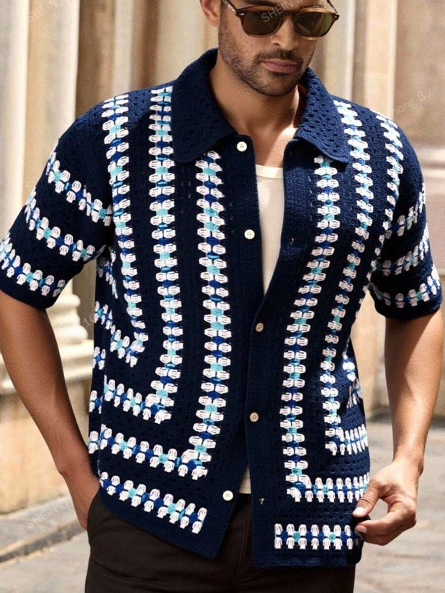 Manfinity VCAY Men's Casual Loose Drop Shoulder Short Sleeve Cardigan, For Fall Winter - Multicolor - View 1