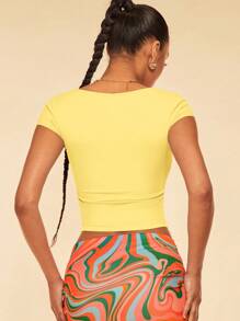 SHEIN BAE Camiseta corta de un solo color - Amarillo - Ver 2