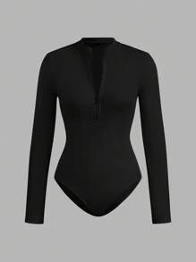 SHEIN EZwear 2 件女式黑色和杏色拉链高领紧身连体衣套装，休闲长袖，适合秋冬季 - 彩色 - 查看 10