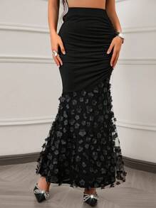 Xyvia Váy maxi ôm sát đuôi cá họa tiết hoa 3D, chất liệu lưới co giãn màu đen gợi cảm thanh lịch dành cho nữ, mùa xuân/hè - màu đen - Xem 1