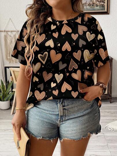 SHEIN LUNE Camiseta de verano casual y sencilla con estampado gráfico de amor por todas partes, adecuada para festivales de música, el Día de la Madre y la temporada de vacaciones, disponible en tallas grandes para mujeres