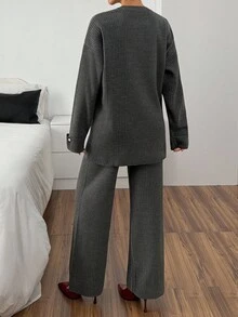 EURMUSE Charcoal Ribbed Knit Co-Ord Set With Pearl Button Detail On Sleeve And Wide-Leg Pants 2 Piece Ribbed Knit Set Two Piece Sweater Sets For Women Womens Two Piece Knit Sets 2 Piece Knit Set Women Ribbed Knit Two Piece Set Knit Two Piece Pants Set,Winter Clothes - Dark Grey - View 5