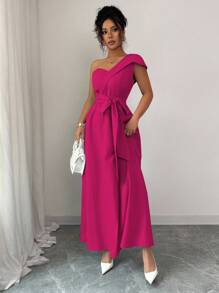 Lyxana Women's Elegant Solid Color Asymmetric Collar Long Dress - Hot Pink - View 6