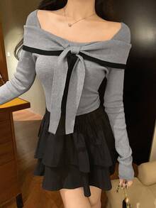 DAZY 女士蝴蝶结撞色露肩优雅淑女长袖毛衣，秋冬 - 灰色 - 查看 4