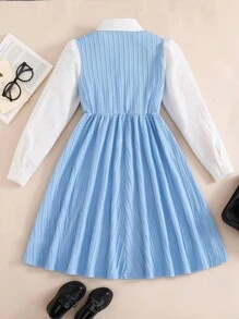 SHEIN Explorewe Girls'light Blue Minimalist Collegiate Style Waist Cinched 2 In 1 Knit Long Sleeve Dress,Cute Autumn School Back-To-School Children's Campus Outfit - Multicolor - View 2