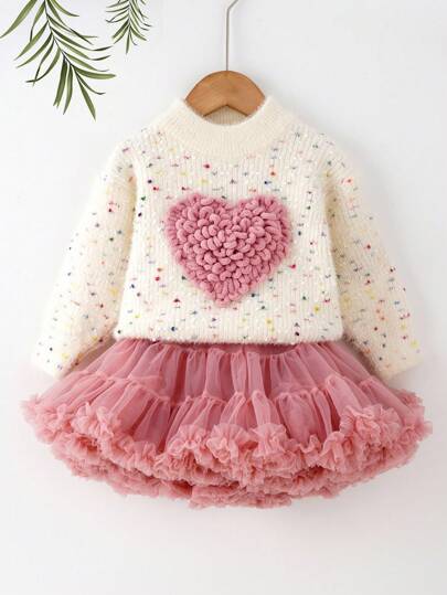 SHEIN 女婴心形装饰圆领长袖毛衣和网眼裙套装