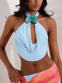 Opulessa Baby Blue Halter Top With Draped Front In Knitted Fabric, Backless Halter Top, Fall Winter - Baby Blue - View 4