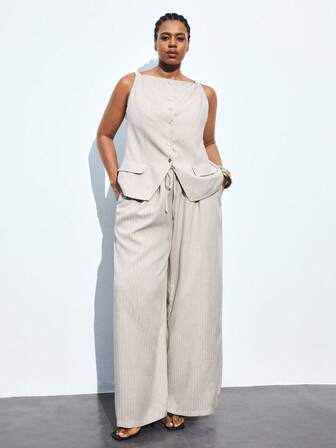 Maija 大码女装 2 件套女士度假风格套装包括亚麻混纺条纹面料裤套装、休闲装、细肩带无袖日常穿着、商务休闲商务休闲女装办公室服装低调老钱风格轻松气质高端都市通勤高品质机场女装高端材质时尚、百搭；舒适、时尚、优雅、休闲、简约秋冬日常穿着