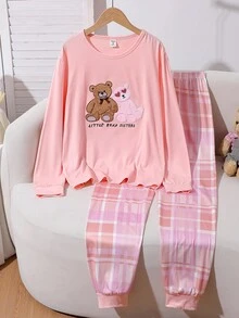 2pcs/Set Teen GirlCute Bear Print Sweatshirt And Plaid Pants Pajama Set, Comfortable And Fashionable