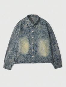 ROMWE MEN Street Life Men's Cashew Print Long Sleeve Single-Breasted Denim Jacket , Fall - Black - View 1