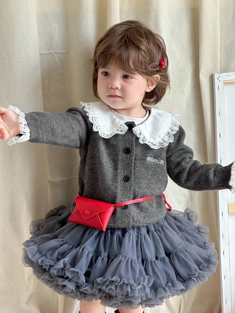 Baby Girls' Peter Pan Collar Letter Embroidery Contrast Color Casual Cute Cardigan Fall,Winter Toddler Girls Clothes