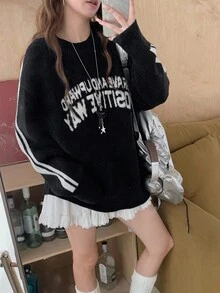 DAZY 女士圆领休闲韩版风格艺术字母撞色长袖毛衣秋季