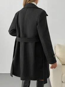 EURMUSE Fashionable Versatile Solid Color Double-Breasted Overcoat, Autumn/Winter Office Everyday Black Elegant - Black - View 3