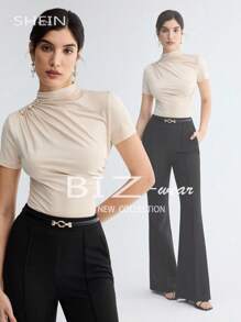 BizChic Women's Stand Collar Pleated Short Sleeve T-Shirt, Basic Top, Suitable For Outings, Office, Business Casual, Autumn - Apricot - View 13