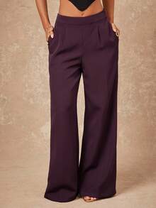 Lumalex 秋冬季简约复古风，适合假日派对、锐舞派对、音乐节、郊游、度假、波西米亚风、户外、婚礼季、宴会、成人礼等场合，女士高腰直筒褶裥纯色长裤，奢华舞会、圣诞节、新年等场合皆宜。 - 酒紅色 - 查看 1