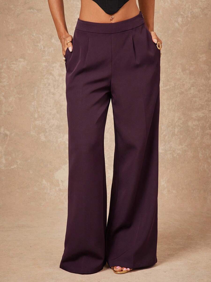 Lumalex 秋冬季简约复古风，适合假日派对、锐舞派对、音乐节、郊游、度假、波西米亚风、户外、婚礼季、宴会、成人礼等场合，女士高腰直筒褶裥纯色长裤，奢华舞会、圣诞节、新年等场合皆宜。 - 酒紅色 - 查看 1