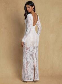 Glamine Nuevo vestido maxi de mujer de manga larga, ajustado, con espalda descubierta, abertura en el bajo, encaje tejido, sexy y elegante, para las cuatro estaciones, vestido de dama de honor, vestido de invitada de boda, vestidos para fiestas de mujeres, atuendos de cumpleaños para mujeres, vestidos elegantes para mujeres, atuendos de vacaciones para mujer, ropa de otoño para mujeres - Blanco - Ver 2