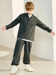 SHEIN 2pcs Tween Boy Half Zip Hoodie Jacket & Jogger Pants Set, Casual Sports Style For Fall/Winter