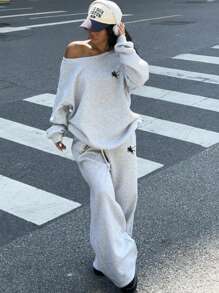 SHEIN EZwear Bộ 2 áo nỉ trễ vai rộng rãi và quần dài thể thao ống rộng cho nữ, lót nhiệt dày, thích hợp cho mùa thu/đông, mùa thu - Xám - Xem 5