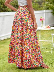 KARISMINA Allover Floral Print Ruffle Hem Skirt,For Summer Vacation,Women Summer Clothing