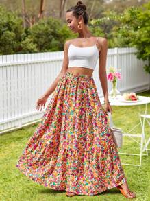 KARISMINA Allover Floral Print Ruffle Hem Skirt,For Summer Vacation,Women Summer Clothing