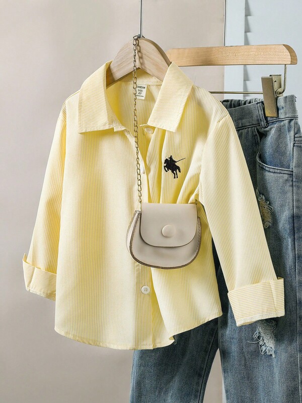 SHEIN Genkimix Kids 1pc Girls' Turndown Collar Long Sleeve Button-Up Striped Shirt With Embroidered Front Graphic, Casual Top For Autumn Fall Winter